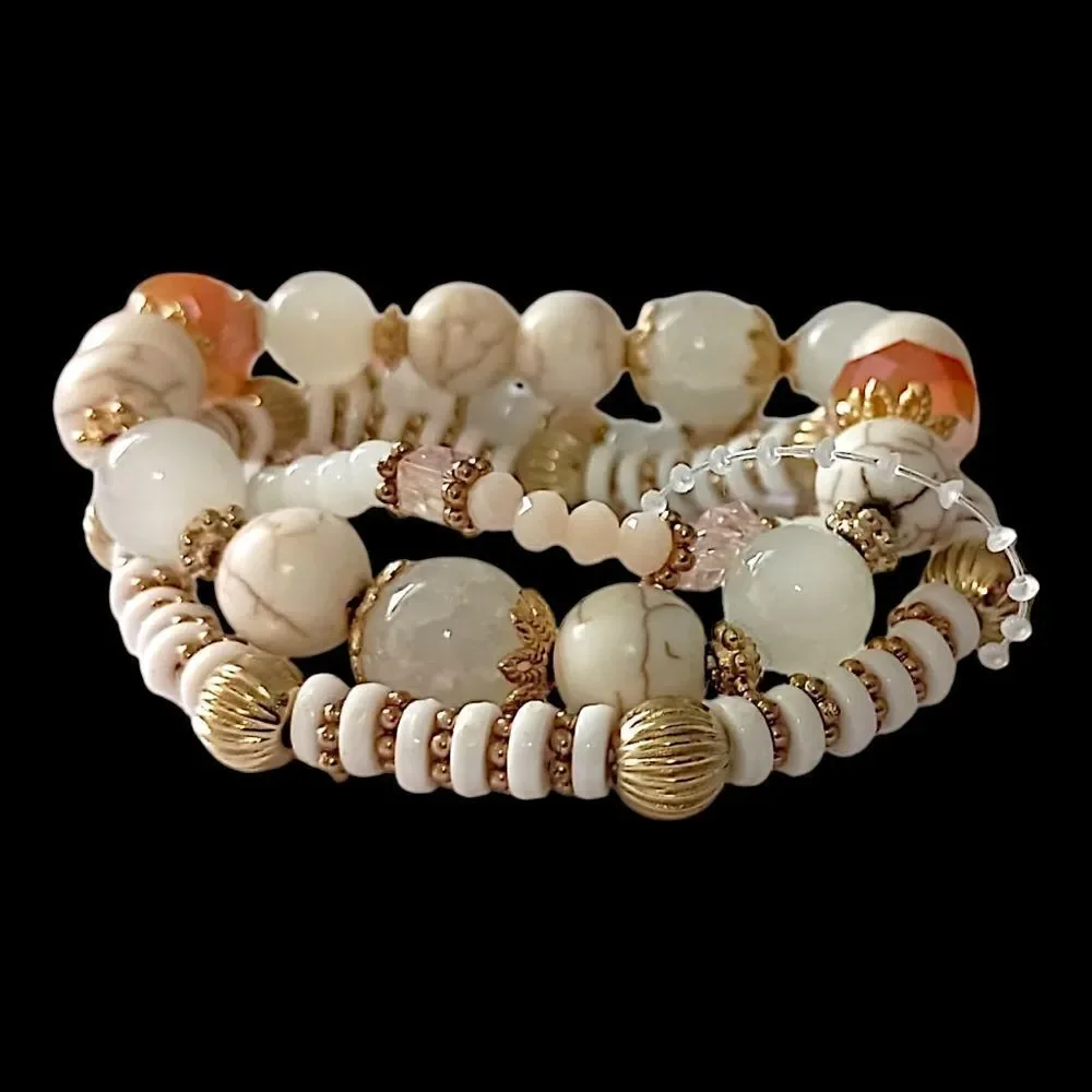 Glass Beaded Stacked Bracelet Rows Beads‎ Floral Neutrals Y2K Boho Fairy Indie